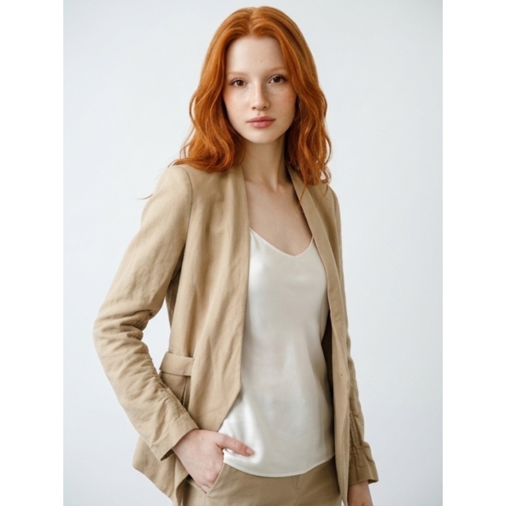 Zara‎ Basic Blazer Women S Khaki Excellent Linen Blend Open Front Draped Buckle